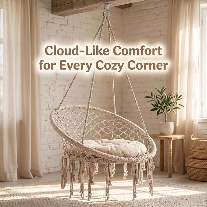 Hanging Hammock Chair, Outdoor Swing Chair, 330 LBS Portable Hanging Swing, Boho Hanging Swing for Bedroom Balcony Living Room Garden Porch Indoor Outdoor Daily Leisure