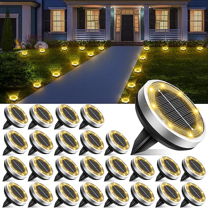 Solar Lights Outdoor Waterproof, 26 Pack 8 LED, Thickened Stainless Steel Ground Light, Solar Garden Lights Landscape Lighting for Patio Pathway Lawn Yard Deck Driveway Walkway, Warm White