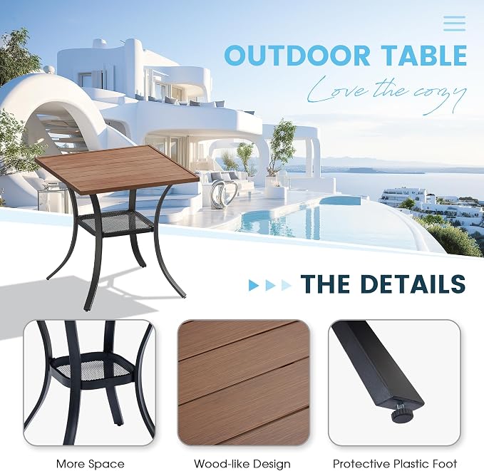 3 Pieces Outdoor Patio Dining Bar Set, 27.6" All Weather Square Metal Slatted Table with Storage Shelf and 2 High Back Textilene Swivel Chairs for Garden, Lawn, Walnut Table&Brown Chairs
