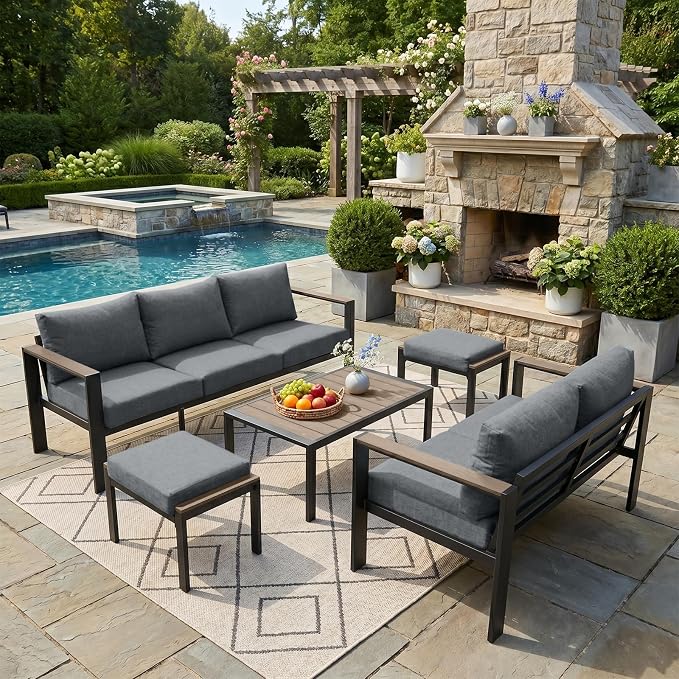 Outdoor Patio Furniture Set 5 Pieces Luxury Aluminum Patio Conversation Set with Coffee Table and 2 Ottoman 7 Seats, Thick Cushions, Large Sectional Sofa for Porch, Balcony, Deck, Yard, Gray
