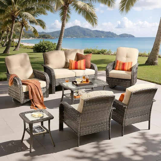 7-Piece Outdoor Patio Furniture Set with Swivel Chairs, Outdoor Conversation Wicker Sofa with Coffee Table, Rattan Couch for Deck Yard Poolside, Beige