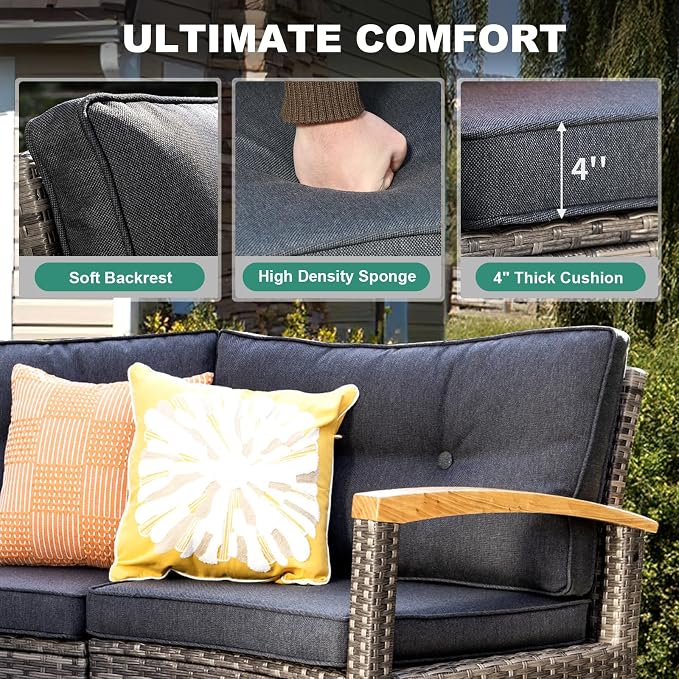MEISSALIVVE 9-Piece Half-Moon Curved Outdoor Patio Furniture Set, Sectional Conversation Sofa with Wood Armrests, Coffee & Side Tables for Backyard Deck Garden, Grey