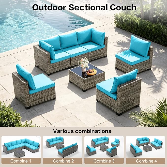 7-Piece Outdoor Patio Furniture Set, Gray PE Rattan Sectional Sofa with Turquoise Cushions and Steel Frame, Coffee Table Included, Modular Outdoor Conversation Set for Patio Garden Poolside