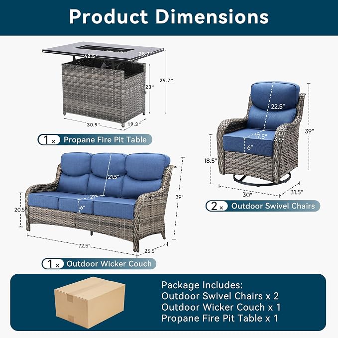 Luxury Patio Furniture Set with Fire Pit Table-4 Pieces High Back Wicker Swivel Rocker Chairs with 6" Extra Thick Cushions, Outdoor Patio Conversation Sets for Porch Deck Backyard(Grey/Blue)