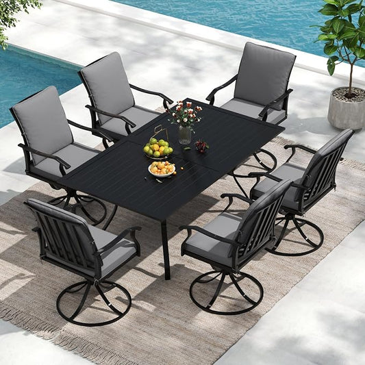 7 Piece Outdoor Patio Dining Set, 62’’ Rectangular Metal Dining Table with Umbrella Hole & 6pcs Patio Swivel Rocking Chairs, Outdoor Furniture Dining Set for Patio, Balcony, Lawn, Garden, Backyard