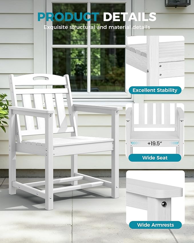 Ciokea Outdoor Patio Dining Chair, HDPE Oversized Porch Chairs with Wide Seat, All-Weather Durable Heavy-Duty Outdoor Furniture for Backyard, Poolside, Lawn & Garden, White