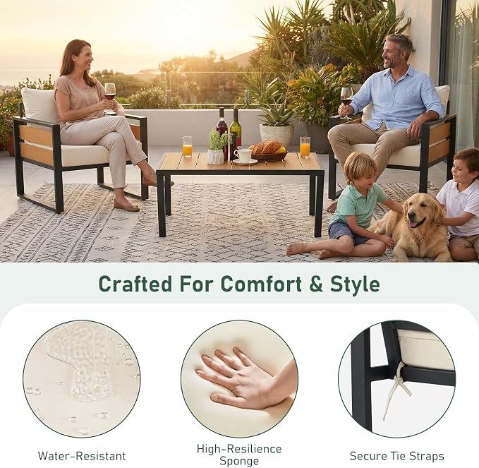 Furnimart Patio Furniture Set, 3-Piece Metal Outdoor Sectional, 2-Seat Patio Conversation Set with Deep Seating, Thick Cushions & Coffee Table for Backyard, Porch & Deck, Beige