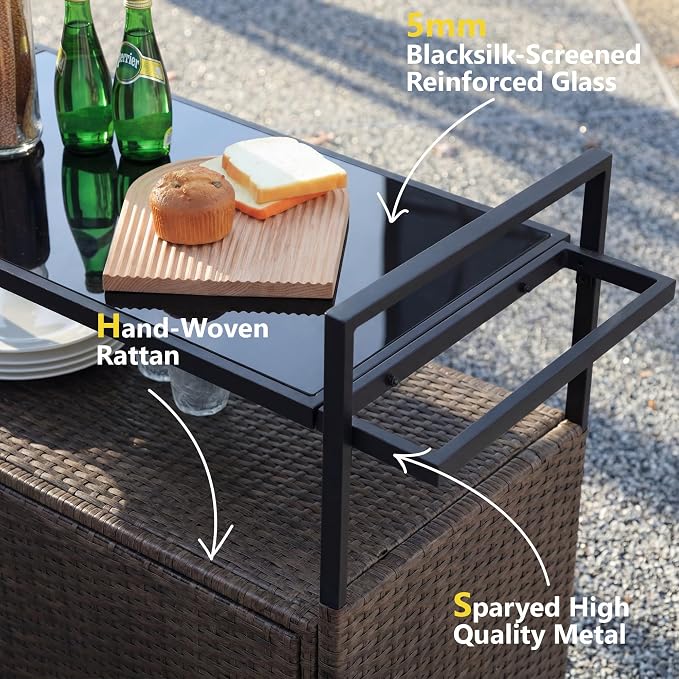 51.2" Wicker Outdoor Bar Cart - Black Patio Console Storage Table Buffet Cabinet Serving Kitchen Cart with Wheels for Outside Backyard