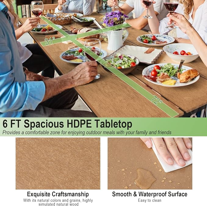 Tangkula 6 Ft HDPE Picnic Table, Plastic Picnic Table with 2 Benches, Umbrella Hole, Heavy-Duty Metal Frame, 8 Adjustable Foot Pads, 6-8 Person Outside Table Bench Set, 2550 lbs Capacity