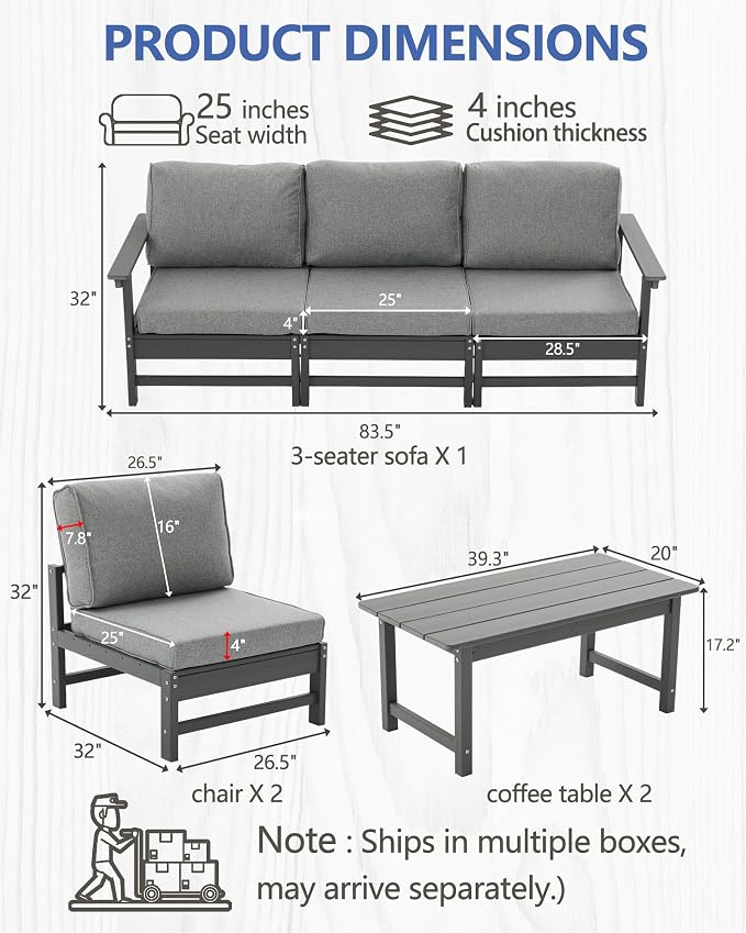 HDPE Outdoor Patio Furniture Set, 7-Piece Sofa Set with 5-Seat Couch 2 Coffee Tables, Weatherproof Conversation Set with Cushions, All-Weather Waterproof, for Garden, Porch & Backyard