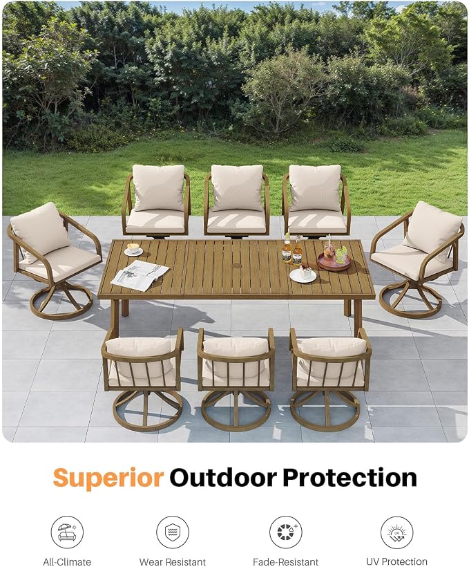 9-Piece Patio Dining Set with 8 Swivel Chairs, Never-Rust Aluminum Outdoor Dining Set, Patio Swivel Dining Set with Wraparound Seating, Outdoor Table and Chairs for Garden, Lawn, Deck, Teak