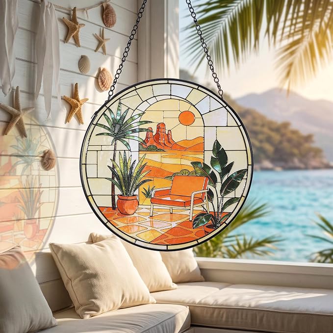 Stained Glass Window Hanging,20cm/7.87inch Desert Sunset Suncatcher with Chain Garden Diamond Glass Panel Hangings Decoration for Windows Home Decor Gifts for Family Friends Colleagues