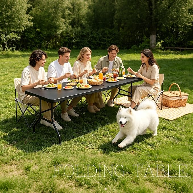 Portable Plastic Folding Table 4ft/6ft/8ft Heavy Duty White Black Picnic Dining Table Fold-in-Half for Camp Party Kitchen Indoor Outdoor