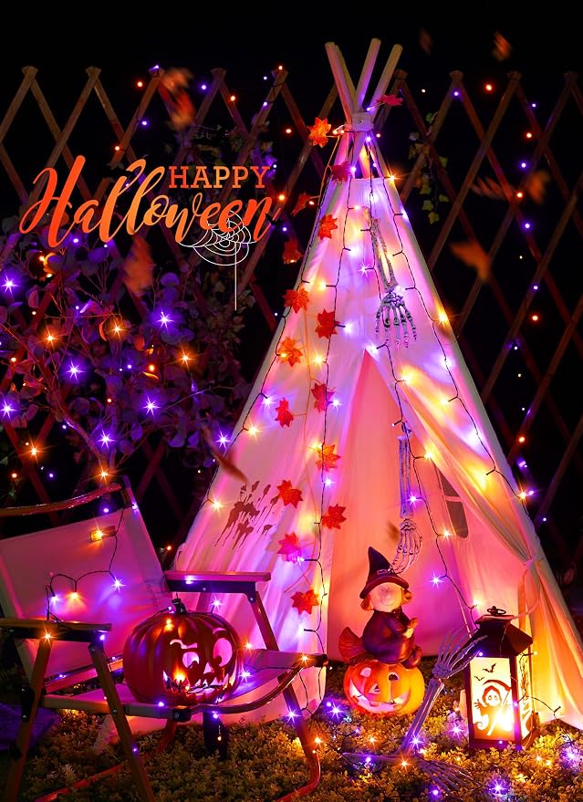 Minetom Halloween Solar Lights Outdoor,4Pack Total 160FT Halloweeen Light | 400 LED String Lights with 8 Lighting Modes,Black Wire Waterproof Solar String Lights for Outside Tree Party, Orange & Purple