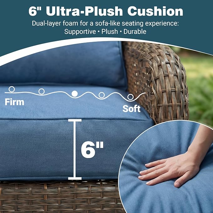Luxury Patio Conversation Set, 12-Piece Ergonomic High Back Wicker Sofa&Swivel Chair Set with 6-Inch Deep Seating Cushions, Large Patio Furniture Set for Garden, Deck & Balcony, Navy Blue