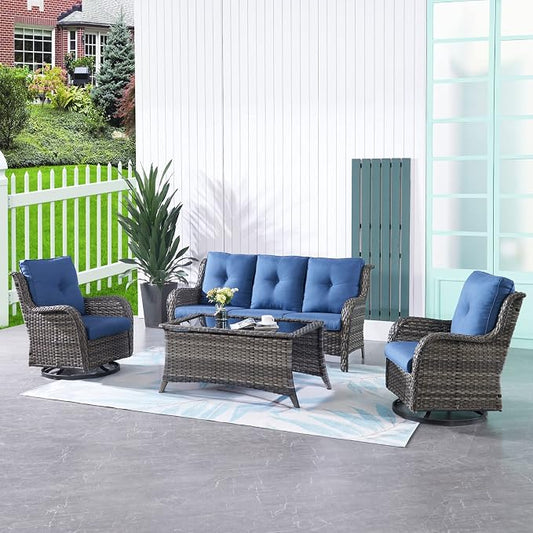 HUMMUH 4 Pieces Outdoor Furniture Patio Furniture Set Wicker Outdoor Sectional Sofa with Swivel Rocking Chairs,Outdoor Coffee Table