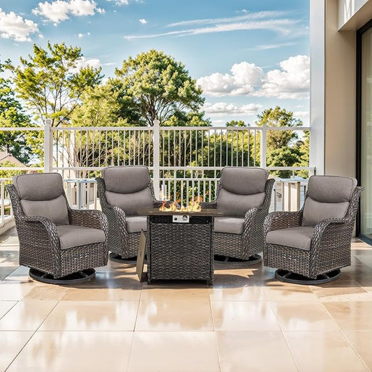 Outdoor Swivel Rocker Patio Chairs Set of 4 with Fire Table - 5" Thick Cushion 5 Piece Furniture Set with Fire Pit Table All Weather Wicker Conversation Set for Porch Deck - Brown/Gray