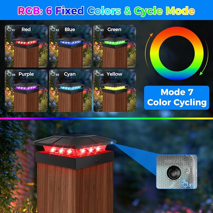 4x4 Solar Post Cap Lights Outdoor RGB Color Changing, 12 Pack LED Post Top Light Solar Powered Waterproof, Wood/Vinyl Posts Lighting for Outside Fence Deck Porch Yard Railing Mailbox