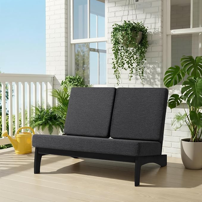 All Weather Patio Furniture Sets, 3 Pieces Black Wood Patio Loveseat Sofa Outdoor Sectional Futniture Backyard Conversation Set with Solid Wooden Coffee Table - Dark Gray