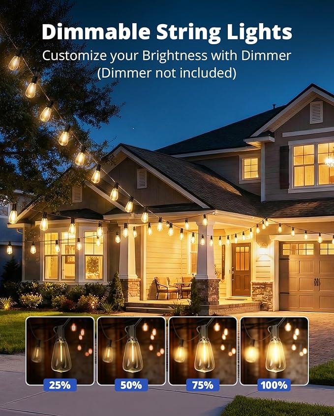 VIPAR Outdoor String Lights,100FT LED Patio Lights Waterproof 52 ST38 Bulbs | Shatterproof,Edison Outside Lights,Plug-In,2700K Dimmable, Connectable, Hanging Light for Porch Garden Backyard Deck Balcony