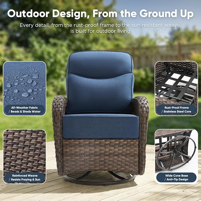 HUMMUH 7-Piece Patio Furniture Set with 6" Thick Cushion High Back Outdoor Swivel Rocker Chairs with 3-Seater Sofa,Coffee Table & Ottomans,Wicker Outdoor Conversation Set for Deck, Porch,Poolside