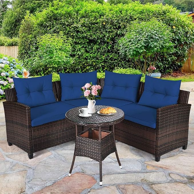 HAPPYGRILL 4 Pieces Rattan Patio Conversation Set, Outdoor Wicker Furniture Set with Cushioned Sofas and Coffee Table, L-Shape Sectional Curved Sofa Set for Garden Poolside Balcony