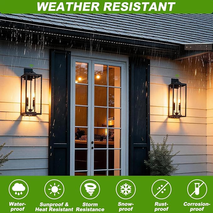 Extra Large 24 Inch Outdoor Wall Lights, Dusk to Dawn Sensor, Black, 2-Pack | IP65 Waterproof, Anti Rust, Tempered Glass, E12, 2-light, Weather-Resistant, Modern, Outside, Porch, Garage and Entryway