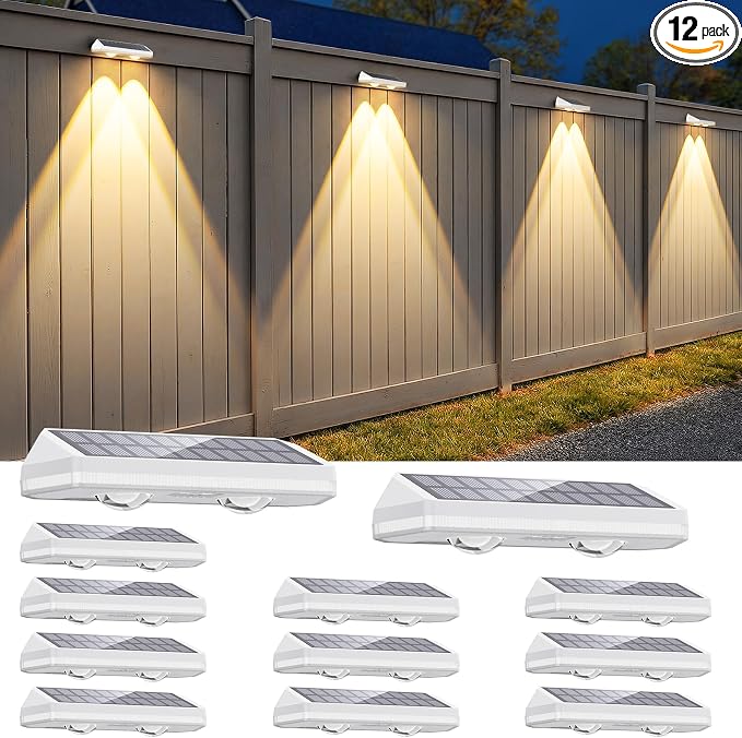 Solar Fence Lights Outdoor ,3000/4500/6000K 13 Mode, 12 Pack Fence Lights Solar Powered with Ultra-Bright Lens IP65 Waterproof,Solar Wall Light for Backyard/Step/Patio/Deck/Stair/Railings(White)