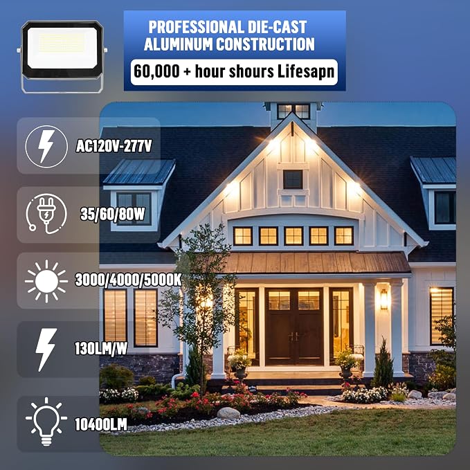 LED Flood Lights Outdoor 35/60/80W and 3000/4000/5000K Adjustable 10400Lm,Dusk-to-Dawn Sensor o Dawn Flood Light for Yard, Garage, Garden,UL Listed,Includes Include Slip Fitter Mount