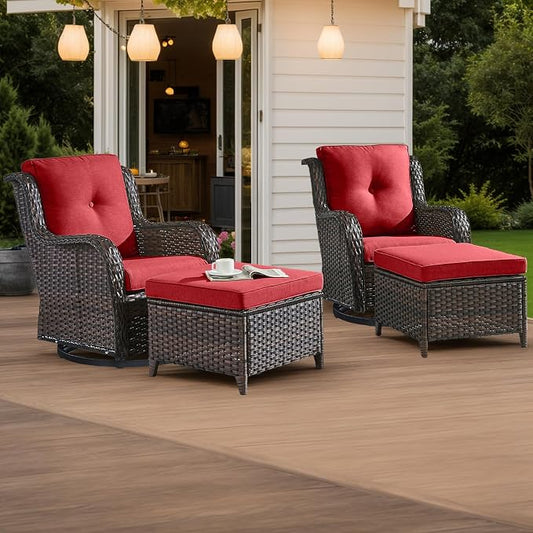 HUMMUH 4 Piece Outdoor Patio Furniture Set Wicker Conversation Bistro Set Swivel Rocker Chairs with 2pcs Ottomans for Backyard, Porch, Balcony