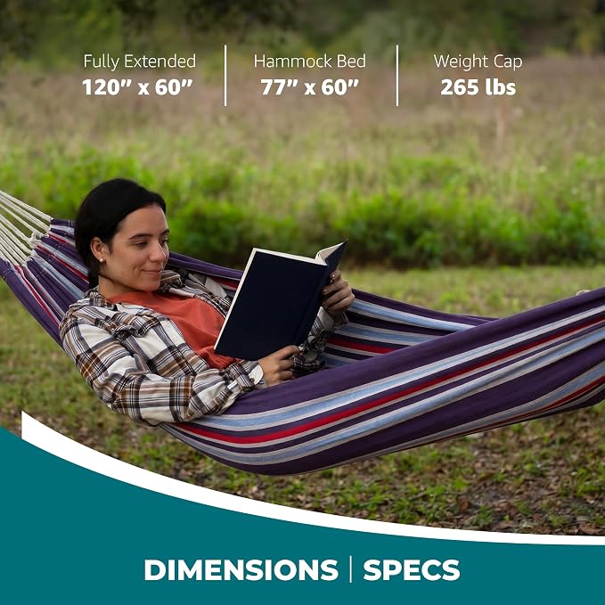 Bliss Hammocks 60" W Double Outdoor Hammock with Hand-Woven Rope Loops & Tree Straps, Patio, Durable, Cotton/Polyester, 265 Lbs Capacity, Patriotic Stripe