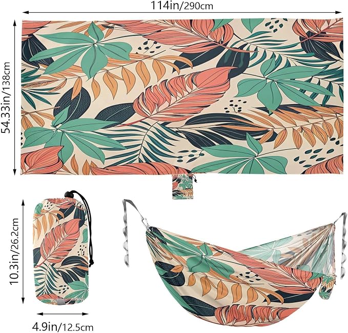 Vintage Flower Leaves Camping Hammock, Portable Lightweight Single Hammock with Tree Straps and Aluminum Carabiners, 114" x 54" Travel Hammock for Hiking Backpacking Beach