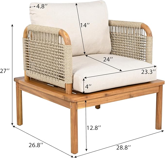 JIVOIT Outdoor Armchair, Acacia Wood and Rope Club Chair with Cushions, Mid Century Design Comfortable Single Armchair for Backyard Porch Garden Balcony