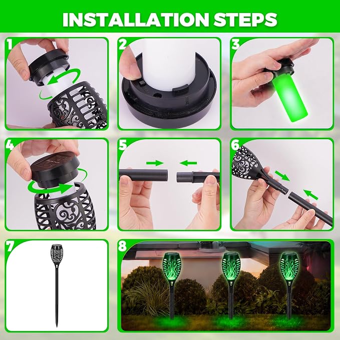 8 Pack Solar Lights Outdoor, Green Flickering Flame Torches | Green Flickering Flame, Long Nighttime Glow, Auto-On at Dusk, IP65 Weather-Resistant, Tool-Free Ground Setup