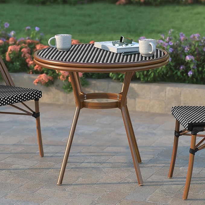 EMMA + OLIVER Colmar Indoor/Outdoor Bistro Table - Black & White Woven PE Rattan Pattern - Tempered Glass Top - Bamboo Finish Metal Frame - 31.5 in.