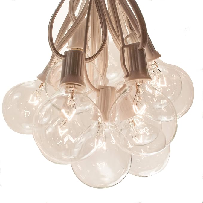 G50 Clear 2 Inch Light Bulbs with C7 Stringer 18 Gauge (White Wire, 10')