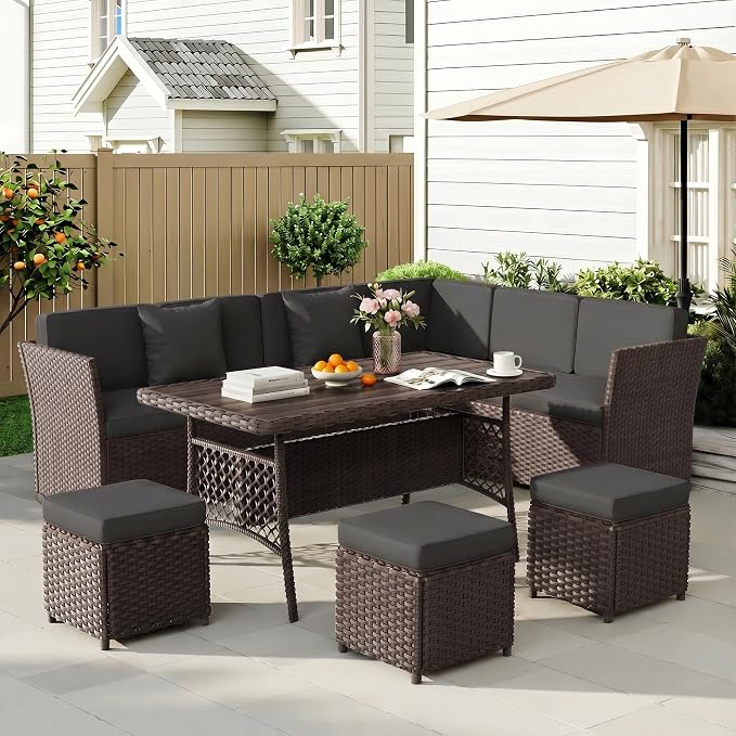 LOUVIXA 7 Pieces Patio Furniture Set, Outdoor Patio Furniture, Wicker Conversation Set with Dining Table, Chairs and Ottoman (6237 Grey-Brown)