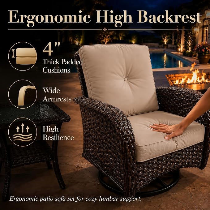 HUMMUH 5-Piece Patio Furniture Set, Fire Pit and Swivel Rocker Chairs | 50000 btu auto-ignition fire pit, 360 degree swivel gliding mechanism, 4 inch thick sponge cushions