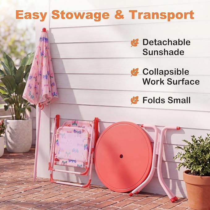 KOTEK Kids Picnic Table with Umbrella, Outdoor Table & 2 Folding Chairs, Cute Pattern Children’s Patio Furniture, Portable Kids Table and Chair Set for Backyard, Garden, Beach (Pink Butterfly)