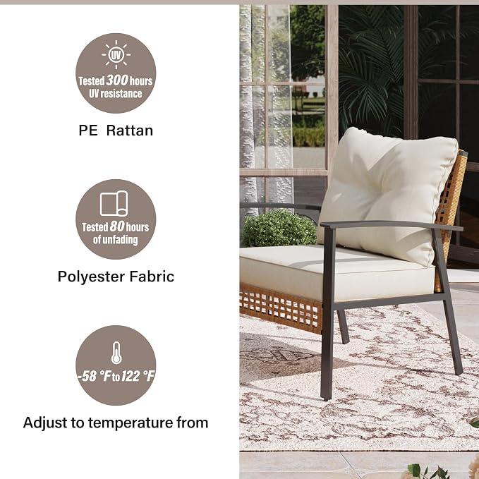 LAUSAINT HOME 4 Pieces Wicker Patio Conversation Set, Oversized Outdoor Furniture with Soft Cushions & 2 Tier Storage Coffee Table - for Backyard, Garden, Patio (Beige)