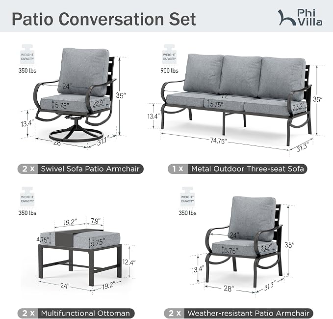 PHI VILLA 7 PCS Patio Furniture Set,Metal Outdoor Furniture with 1x 3 Seater Cushioned Deep Seating Bench Sofa, 2 Swivel Chair, 2 x Leg Chairs & 2 Ottoman for 7 Person, Grey