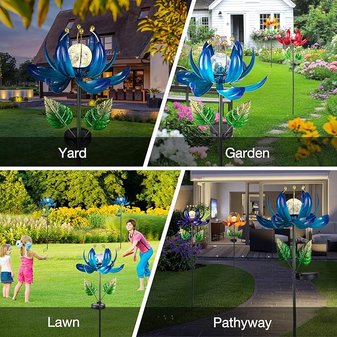 AIINY Solar Garden Lights Metal Flower Decor, Colorful Lotus Pathway Spinning Windmill with LED Cracked Crystal Ball Outdoor Decorative Stake Lighting Waterproof Flower Sculpture for Patio Yard