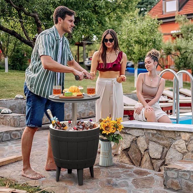 Greesum Outdoor Patio 10 Gallon Cooler Bar Table, 3 in 1 Resin Patio Beer and Wine Ice Bucket Cocktail Tables with Adjustable Height for Party and Deck, Black