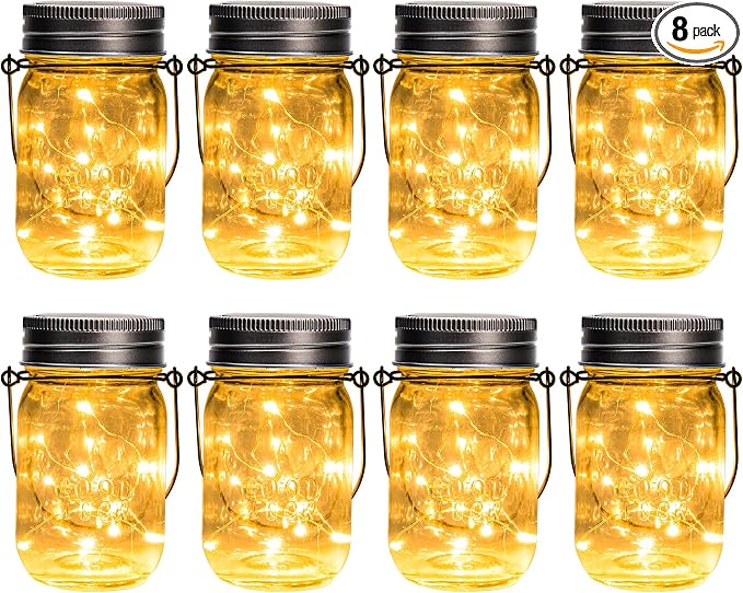 GIGALUMI Solar Mason Jar Lights, 8 Pack 30 Led String Fairy Lights | Garden Lights Outdoor Waterproof Hanging Solar Lanterns for Outdoor, Garden, Patio, Lawn, Balcony Decoration