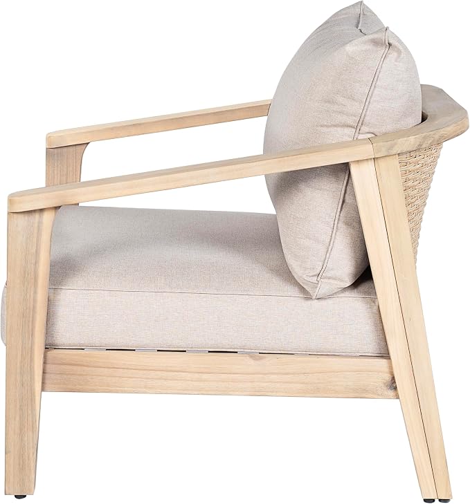 Merax 4 Piece Outdoor Acacia Wood and Wicker Club Chair, Light White Finish with Beige Cushion, Patio Garden Armchair