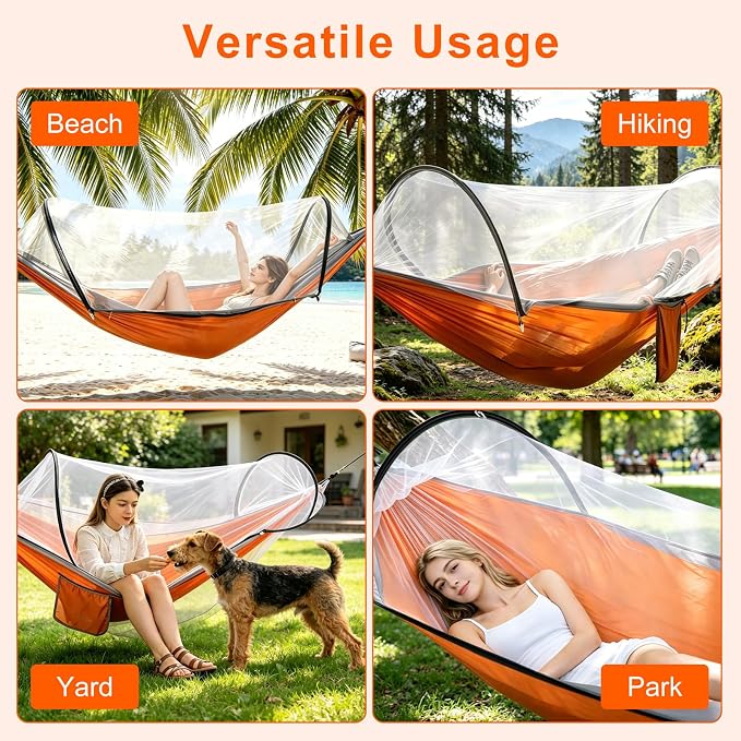 Camping Hammock with Mosquito Net, 3 in 1 Portable Hammock Tent 440lbs Capacity Attached Storage Pocket Single Nylon Hammock Set for Outdoor Travel Camping Hiking Backpacking (Orange Grey)