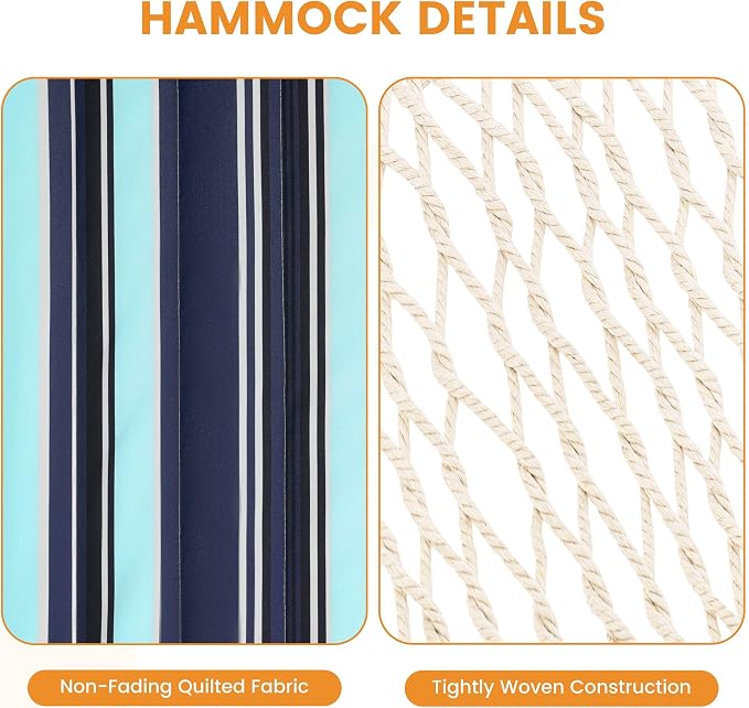 Lazy Daze Hammocks Rope Hammock with Pad, Spreader Bar, Carabiners, Tree Straps, Chains for Outside Patio- Max 450 Lbs, Dark Blue Stripes