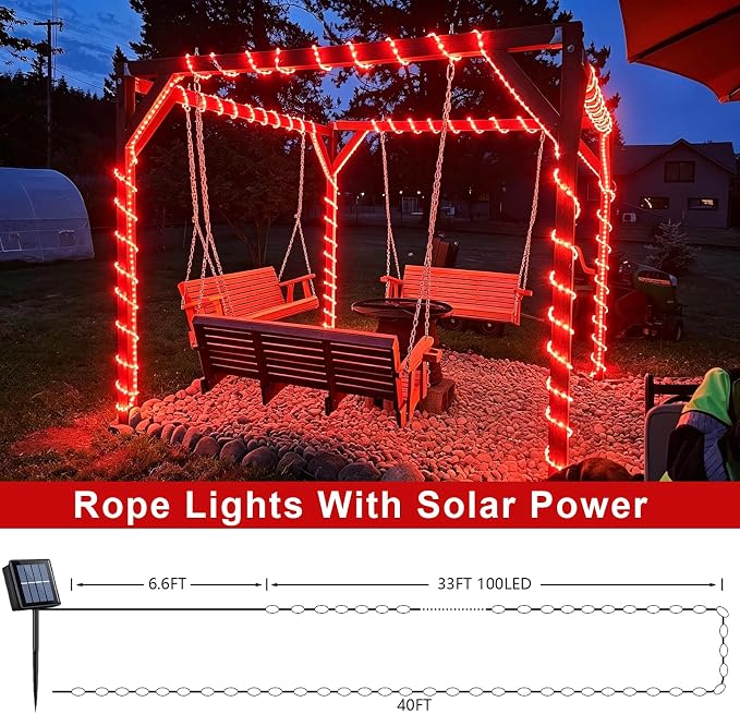 QITONG Red Solar Halloween Lights, 66ft 200 LED Solar Rope Lights Outdoor, 8 Modes Fairy Lights in Clear Thin Tube