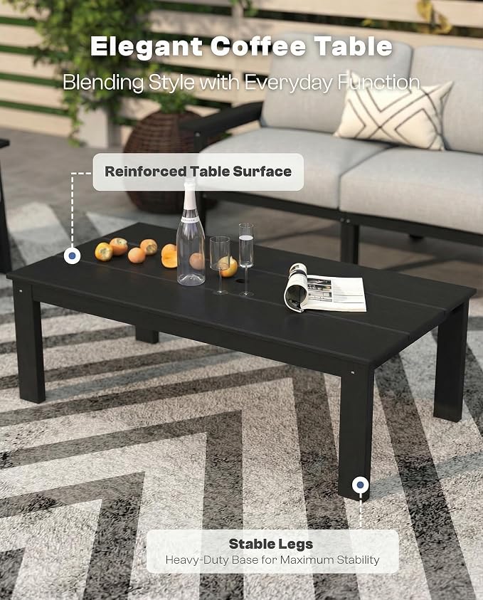Patio Furniture Set 8 Seats, HDPE Outdoor Sectional with Gray Washable Thick Cushions, Coffee Table, Patio Conversation Sets for Lawn, Garden, Porch, Balcony, Deck (Black Frame)
