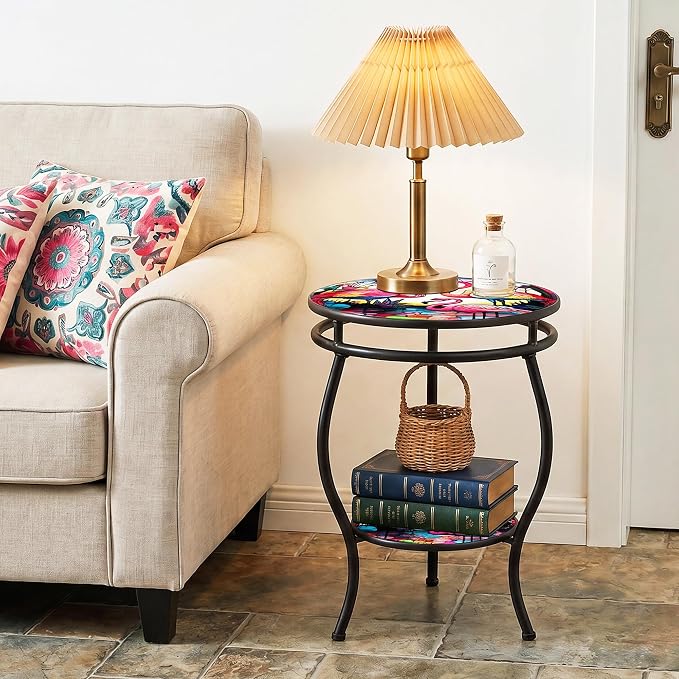 Outdoor Side Table Round with Storage 2-Tier Patio Small Outdoor Table Weather Resistant for Outside Balcony Porch Garden